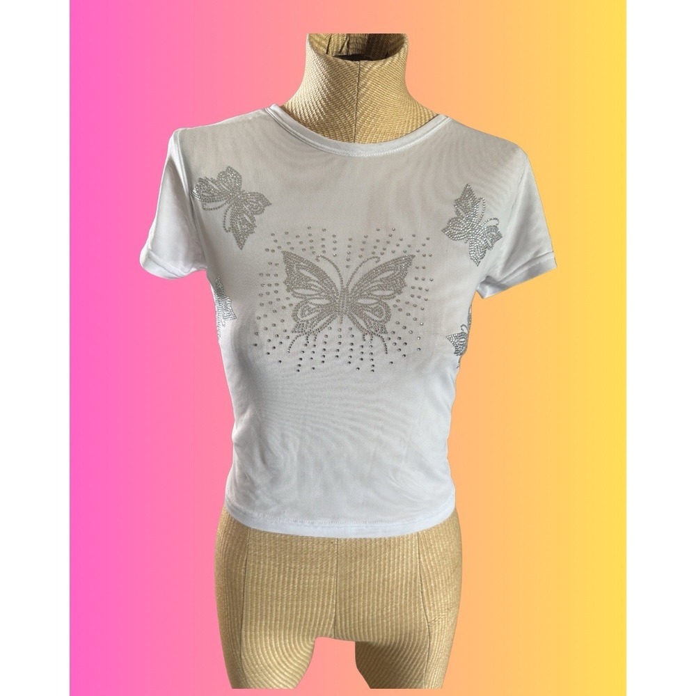 Y2K Look White Mesh Sheer Tshirt Baby Tee Rhinestone Butterfly Bling Size Medium